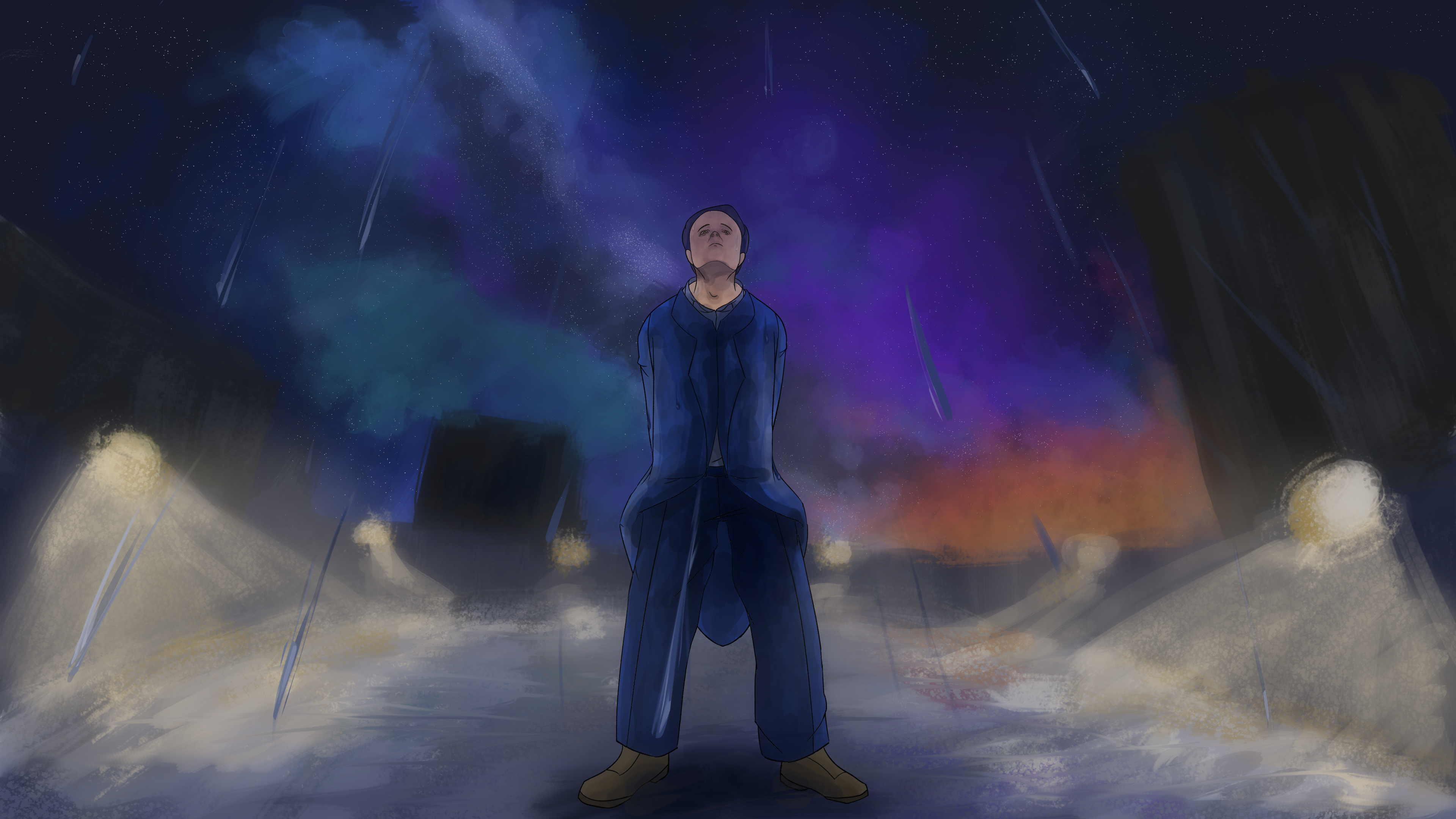 A man standing in a courtyard with the night sky above him